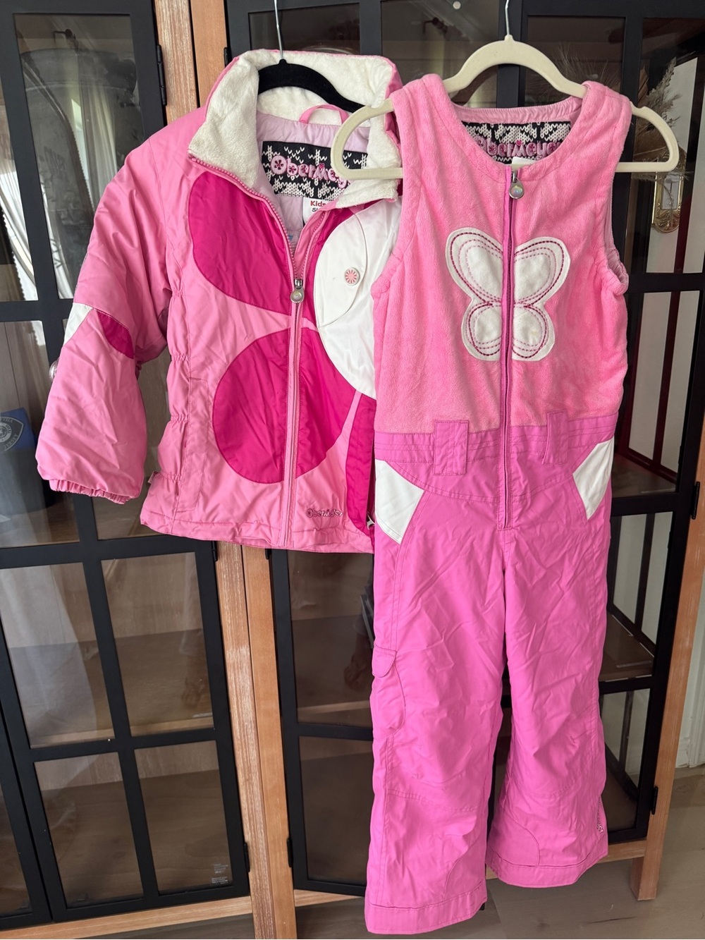 Vintage Obermeyer ski bib jacket set butterfly girls bright pink snow